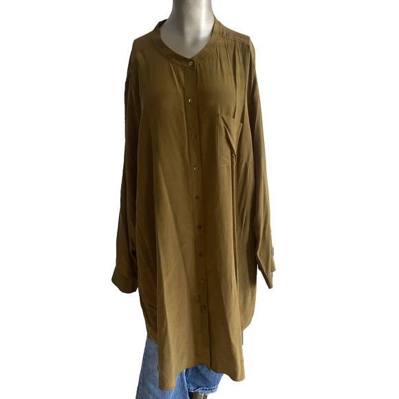 Eileen Fisher Green Button Down Women Size 3X Shirt Classic Designer Silk Flaw - Picture 1 of 8